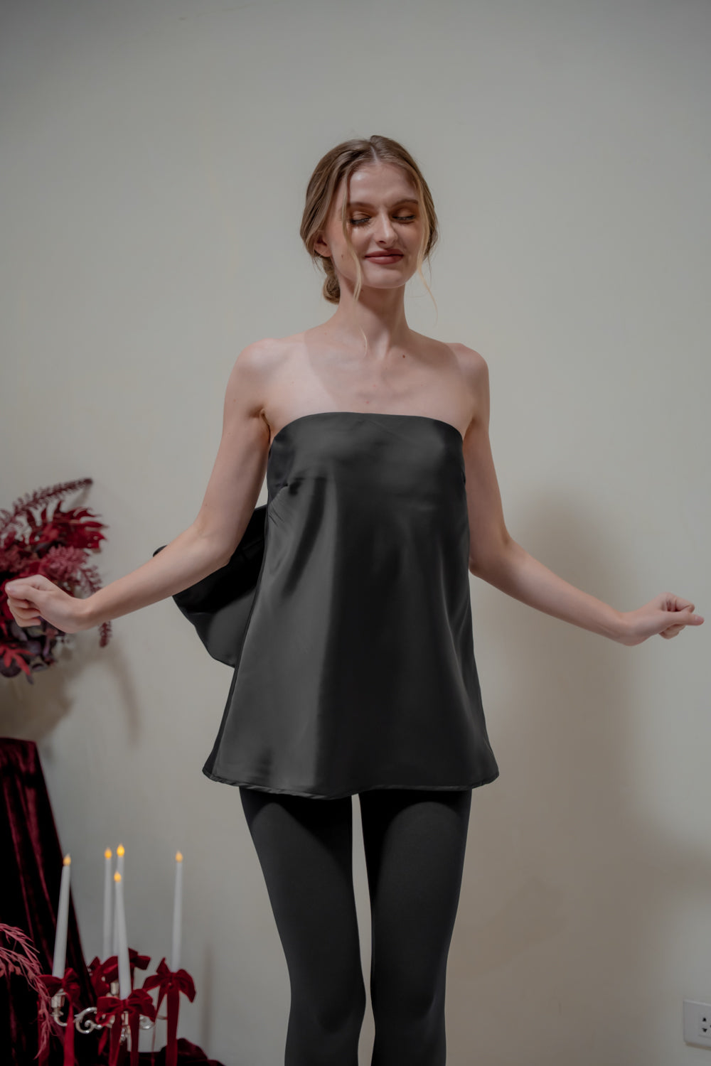 CALLA TOP Strapless Top with Bow Back (Black Silk Crepe)