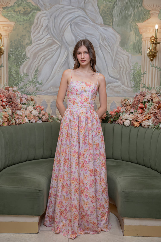 VERONIQUE Strappy Corset Style Maxi Dress (Floral Multicolor Silk)