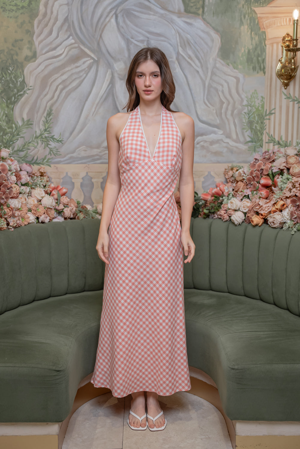 SAME DAY PICK UP - GRETA Halter Midi Dress (Gingham Pink Cotton)