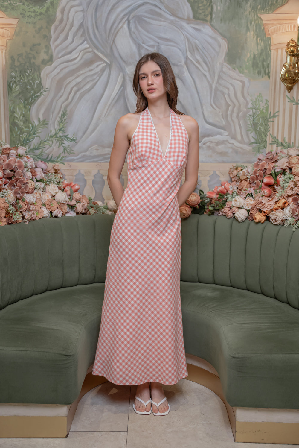 SAME DAY PICK UP - GRETA Halter Midi Dress (Gingham Pink Cotton)