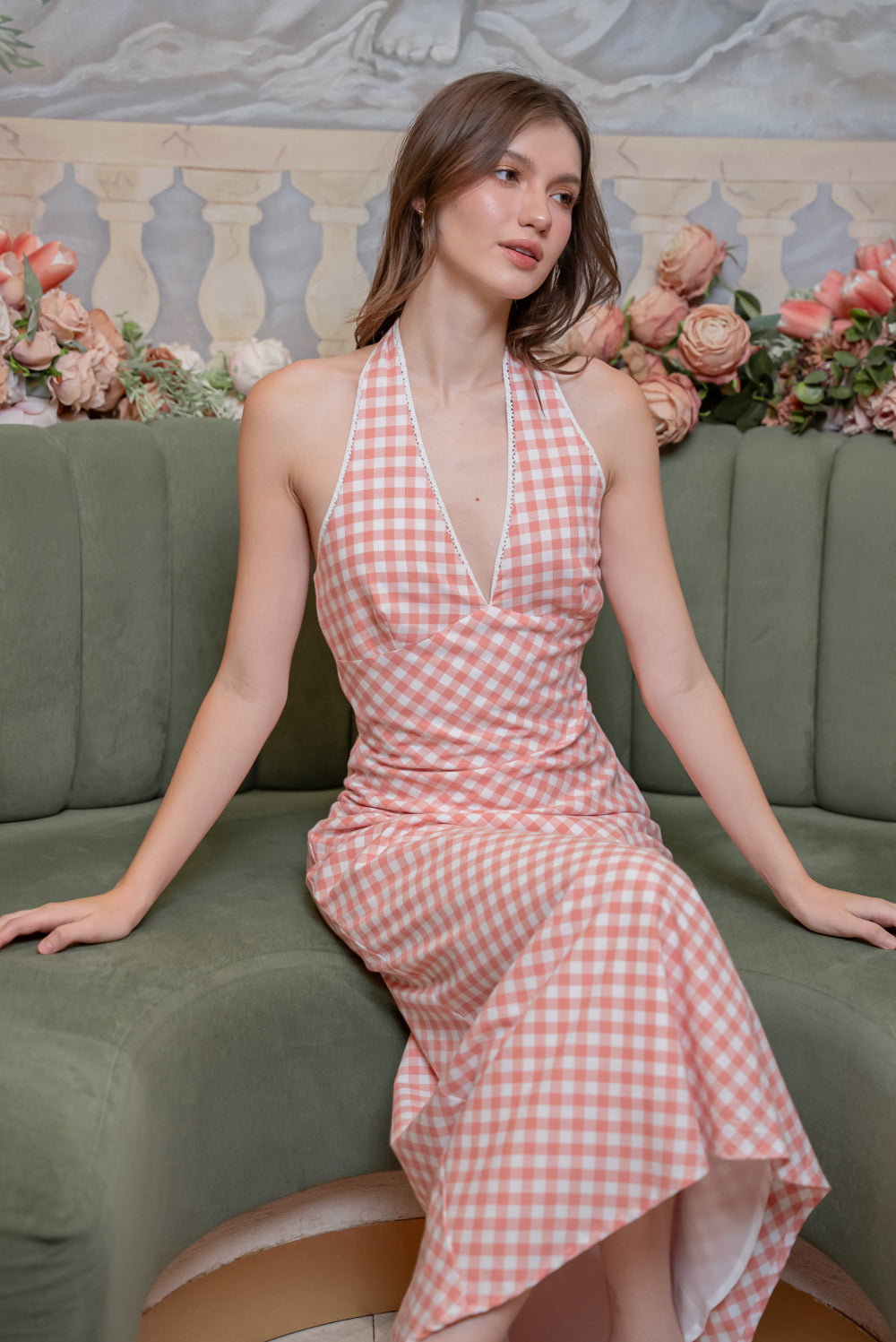 SAME DAY PICK UP - GRETA Halter Midi Dress (Gingham Pink Cotton)
