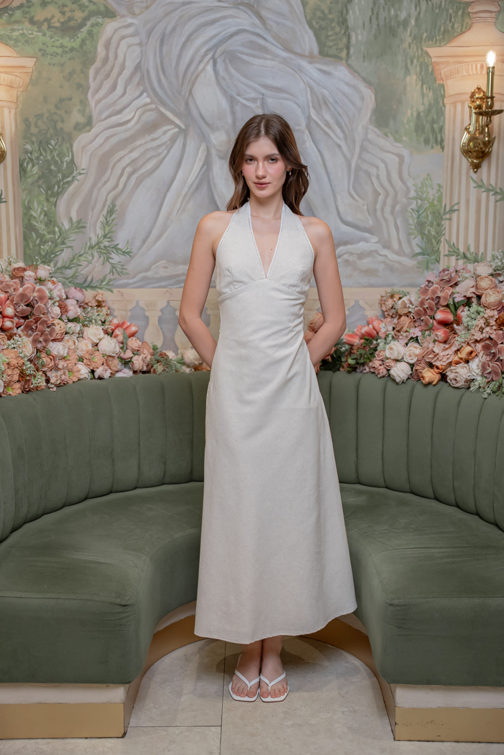 SAME DAY PICK UP - GRETA Halter Midi Dress (Tropical Linen Nude)