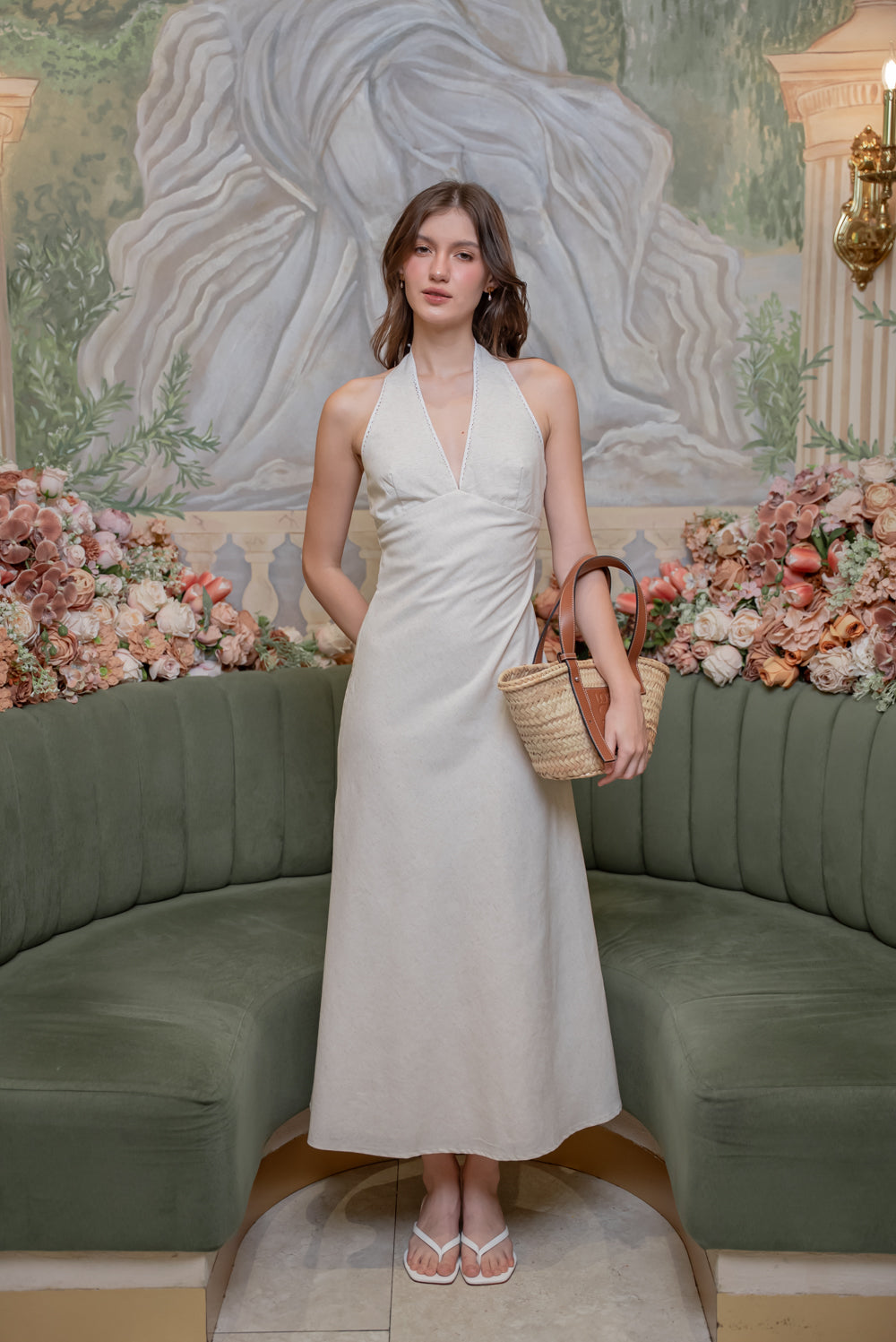 SAME DAY PICK UP - GRETA Halter Midi Dress (Tropical Linen Nude)