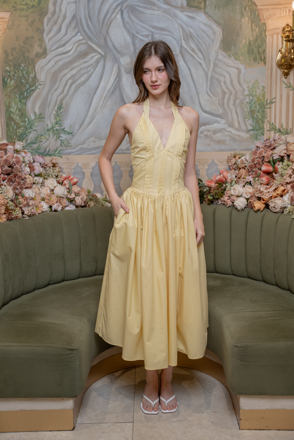 SAME DAY PICK UP - SOLENE Halter Pleated Midi Dress (Textured Yellow)