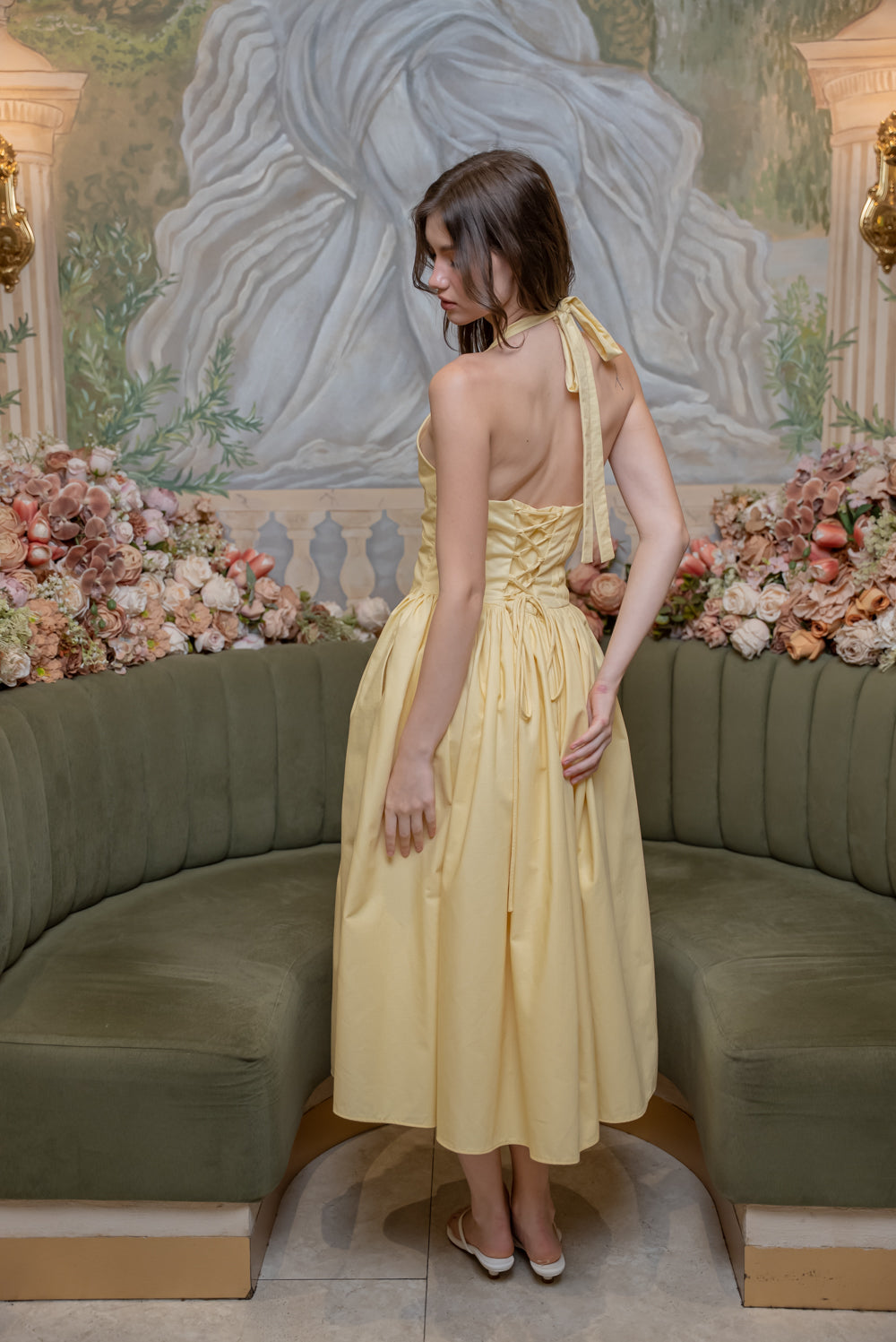 SAME DAY PICK UP - SOLENE Halter Pleated Midi Dress (Textured Yellow)
