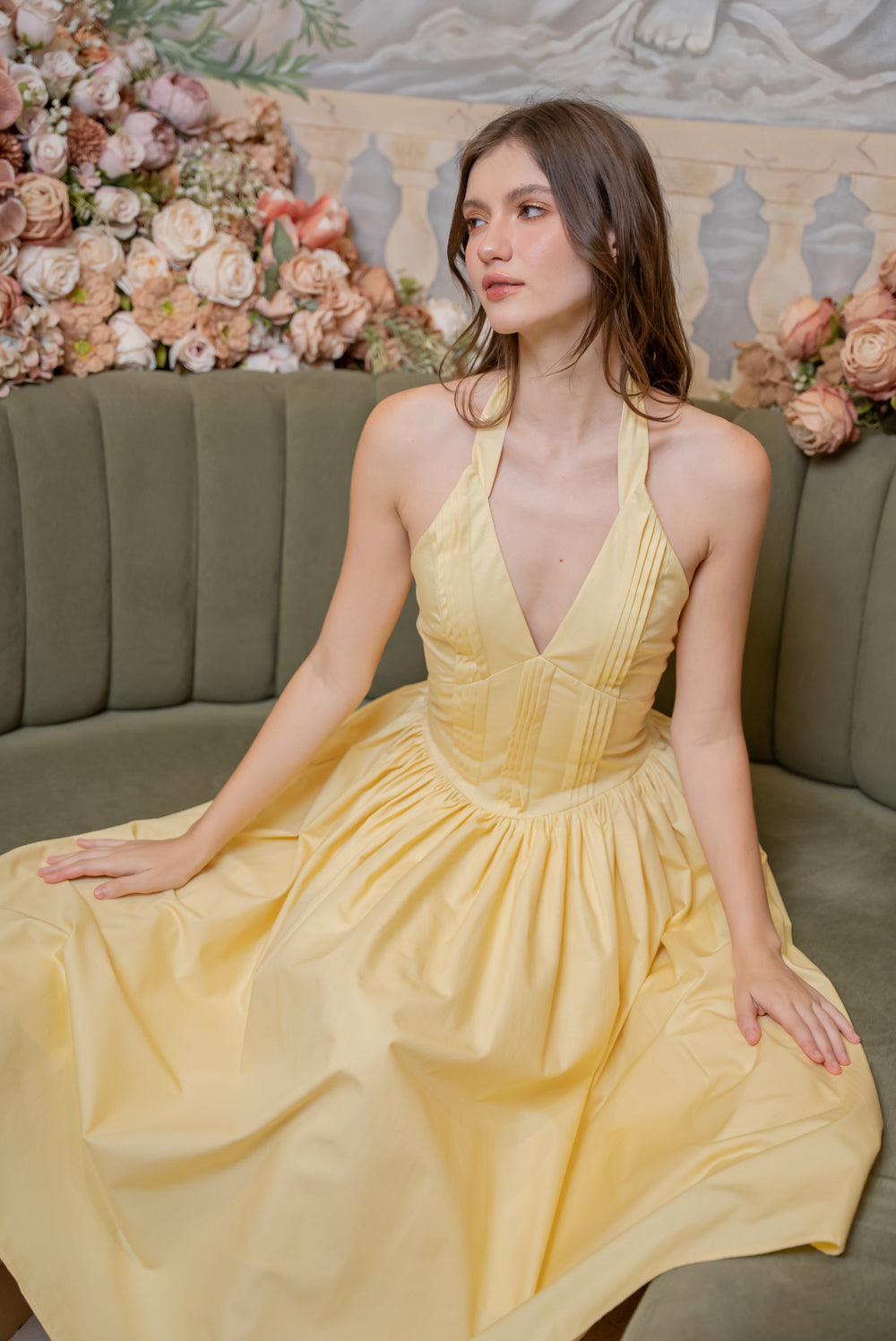 SAME DAY PICK UP - SOLENE Halter Pleated Midi Dress (Textured Yellow)