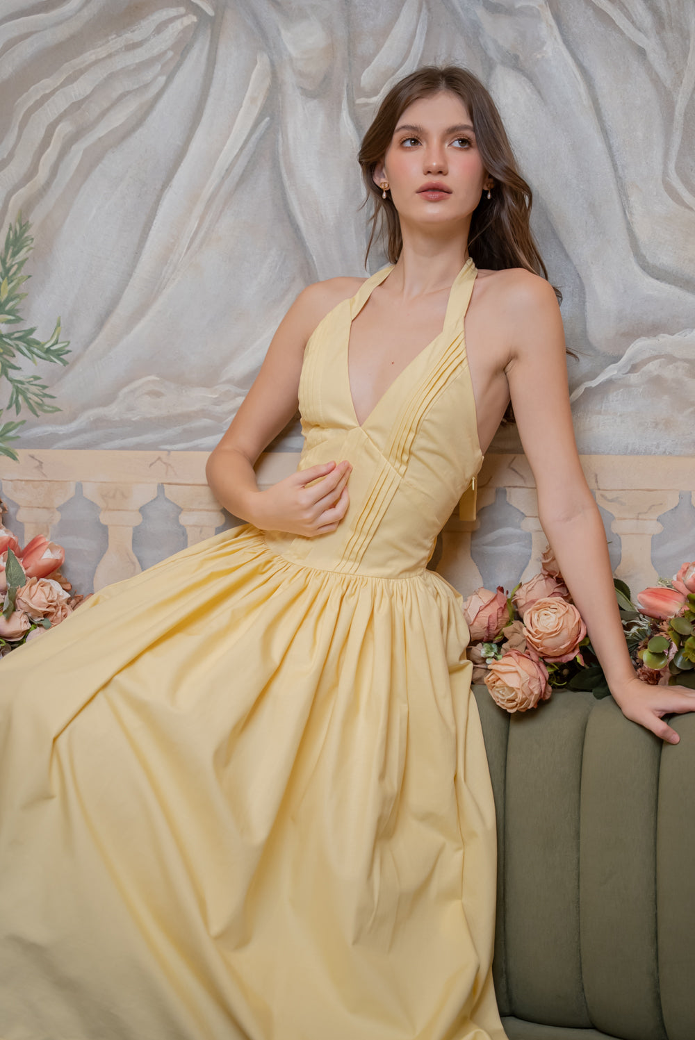 SAME DAY PICK UP - SOLENE Halter Pleated Midi Dress (Textured Yellow)