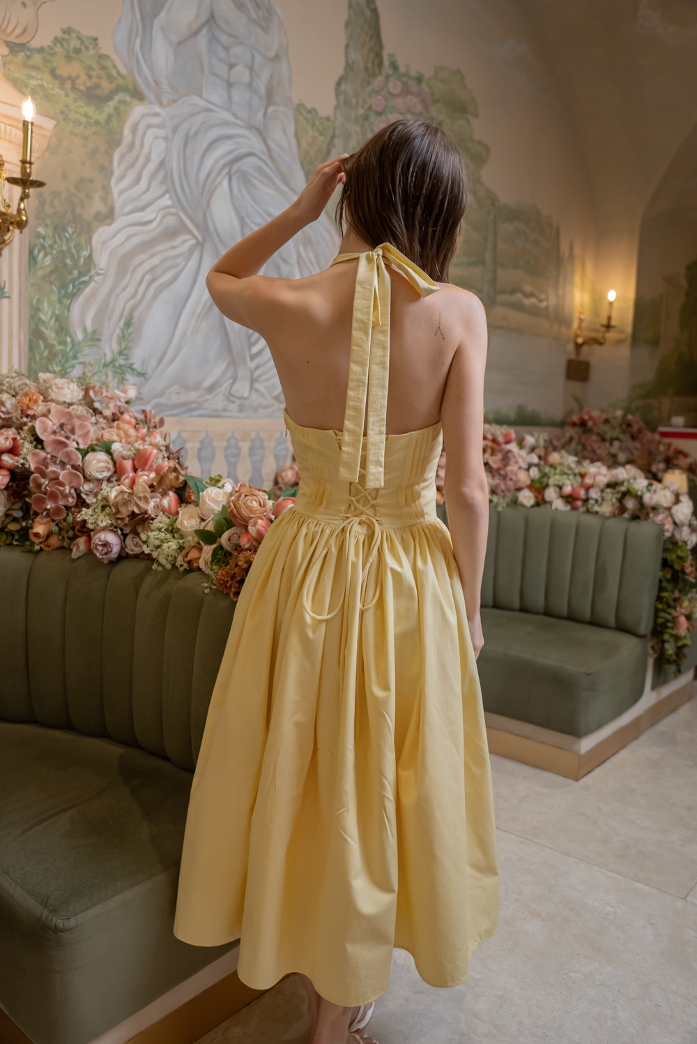 SAME DAY PICK UP - SOLENE Halter Pleated Midi Dress (Textured Yellow)