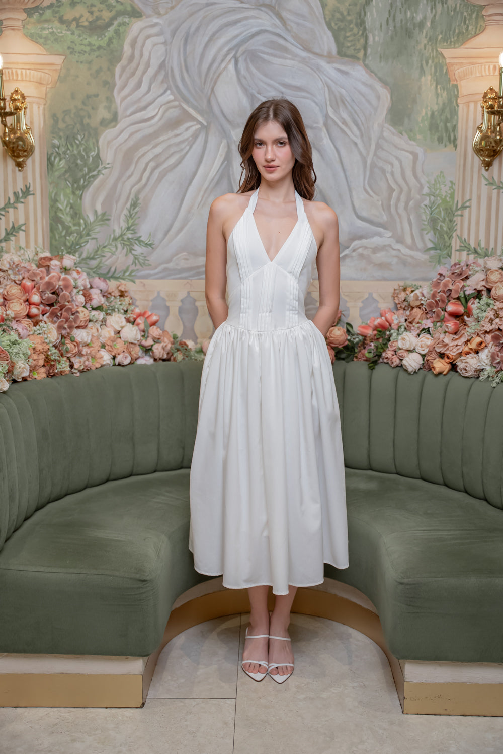 SAME DAY PICK UP - SOLENE Halter Pleated Midi Dress (White Linen)