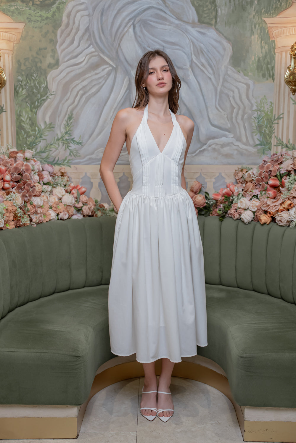 SAME DAY PICK UP - SOLENE Halter Pleated Midi Dress (White Linen)