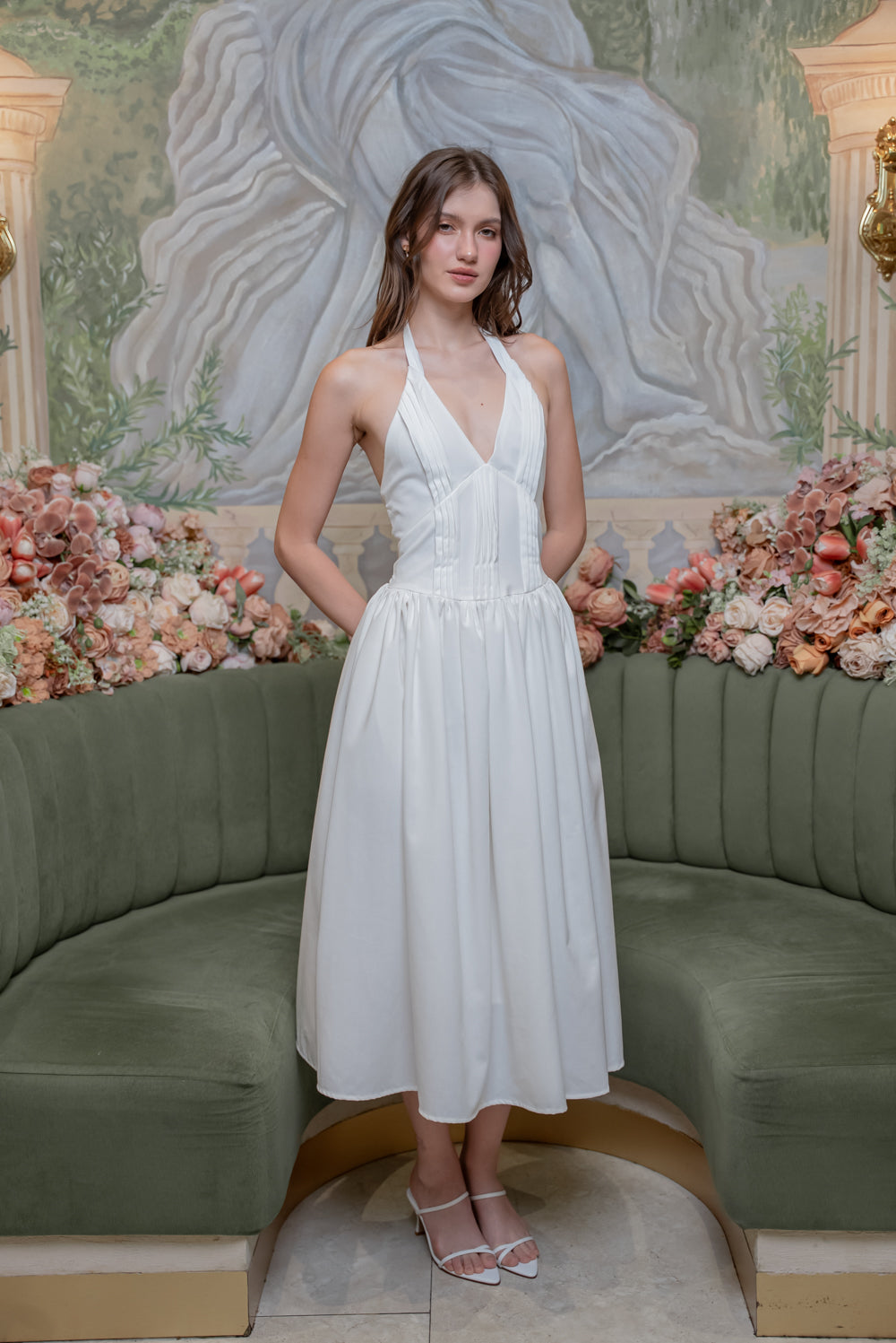 SAME DAY PICK UP - SOLENE Halter Pleated Midi Dress (White Linen)