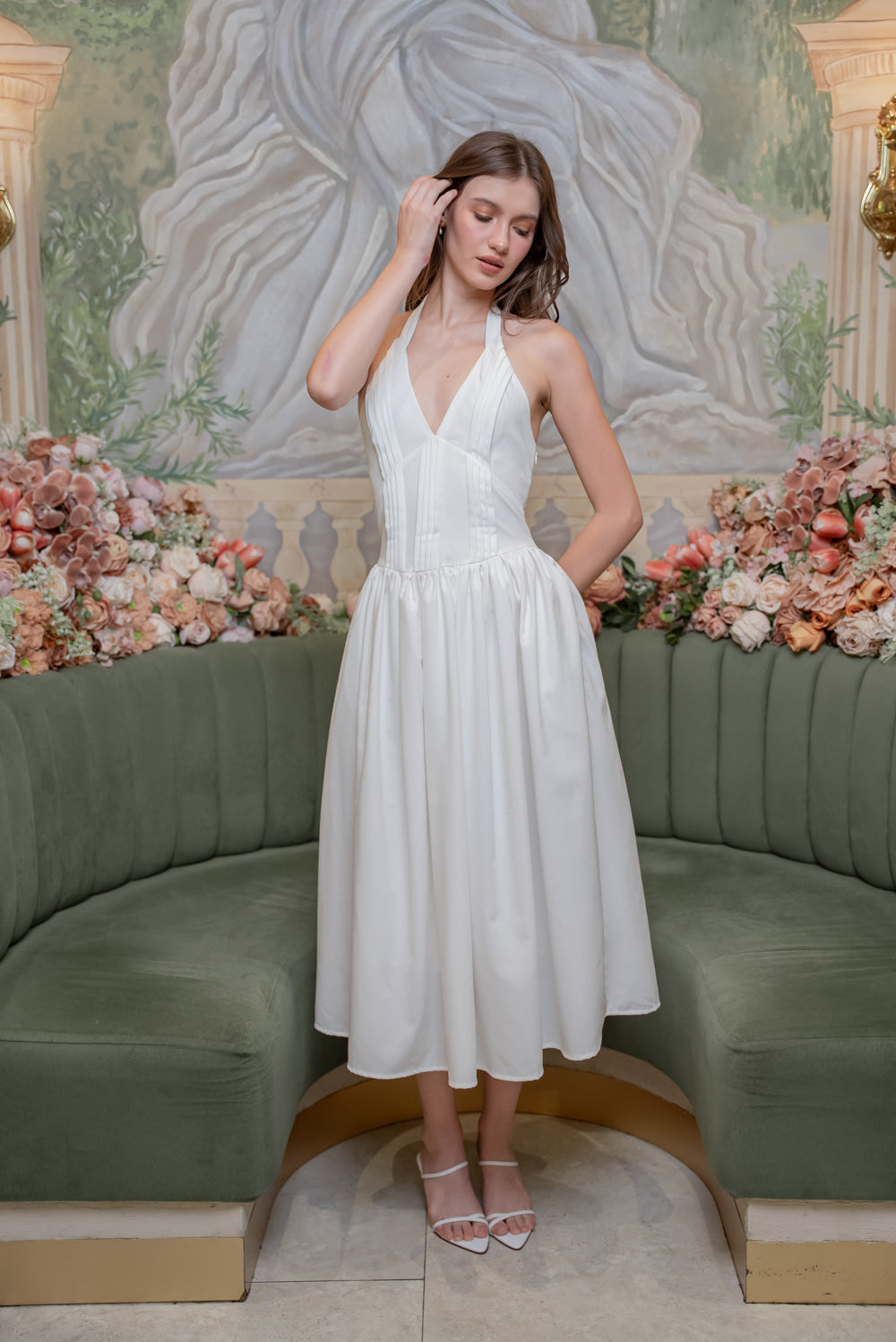 SAME DAY PICK UP - SOLENE Halter Pleated Midi Dress (White Linen)
