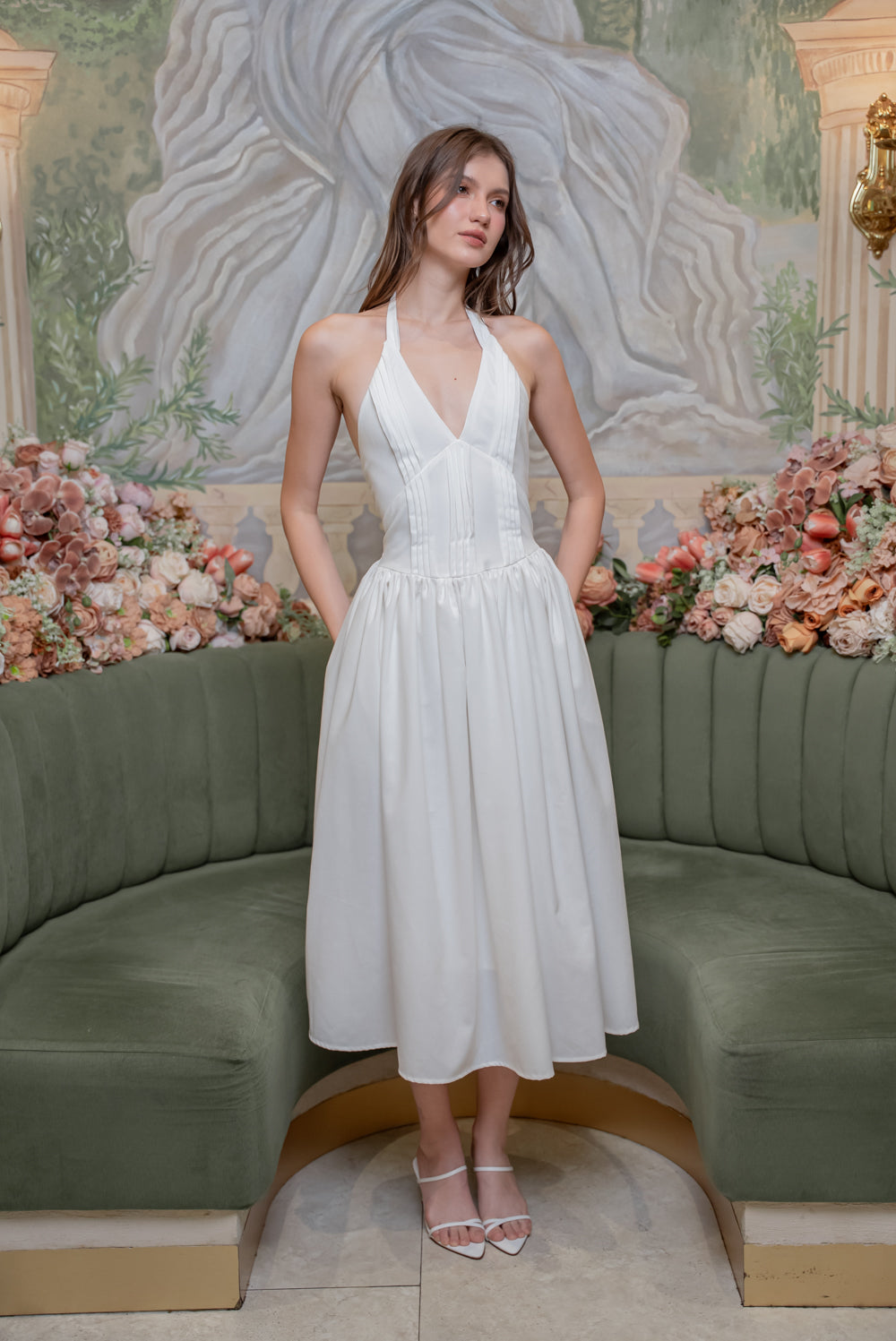 SAME DAY PICK UP - SOLENE Halter Pleated Midi Dress (White Linen)