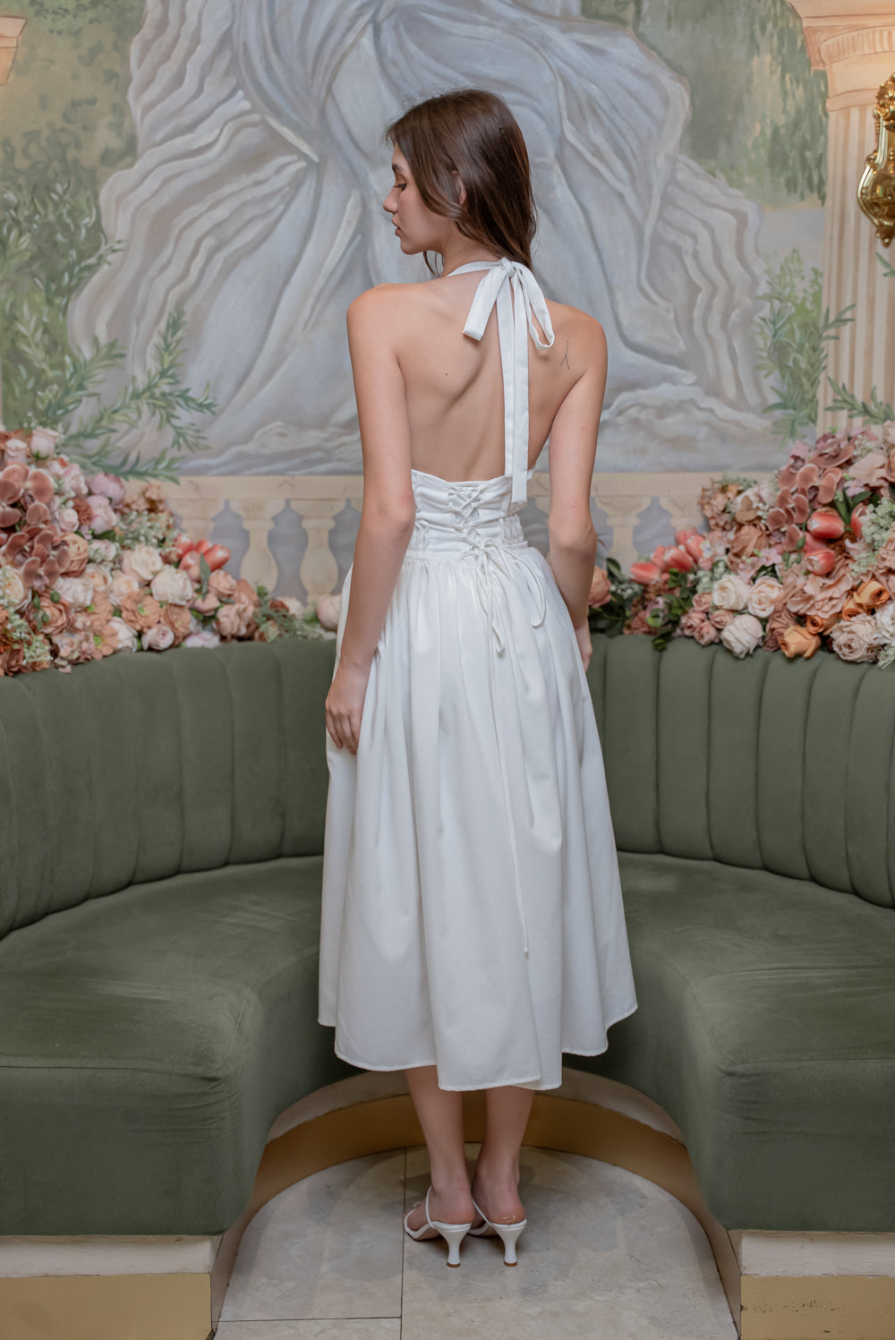 SAME DAY PICK UP - SOLENE Halter Pleated Midi Dress (White Linen)