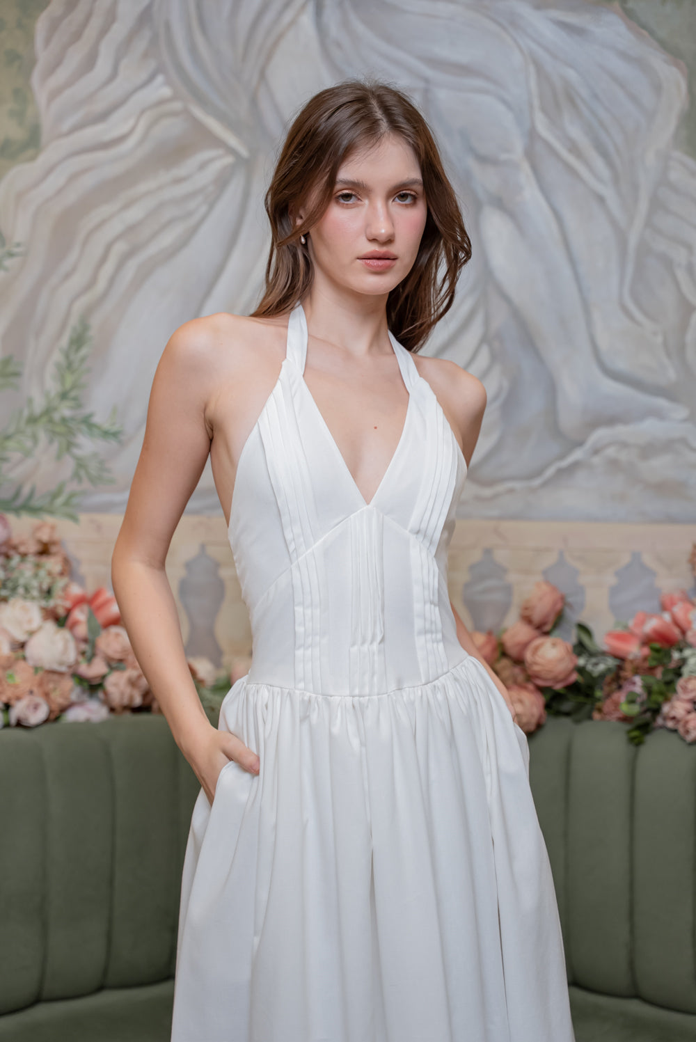 SAME DAY PICK UP - SOLENE Halter Pleated Midi Dress (White Linen)
