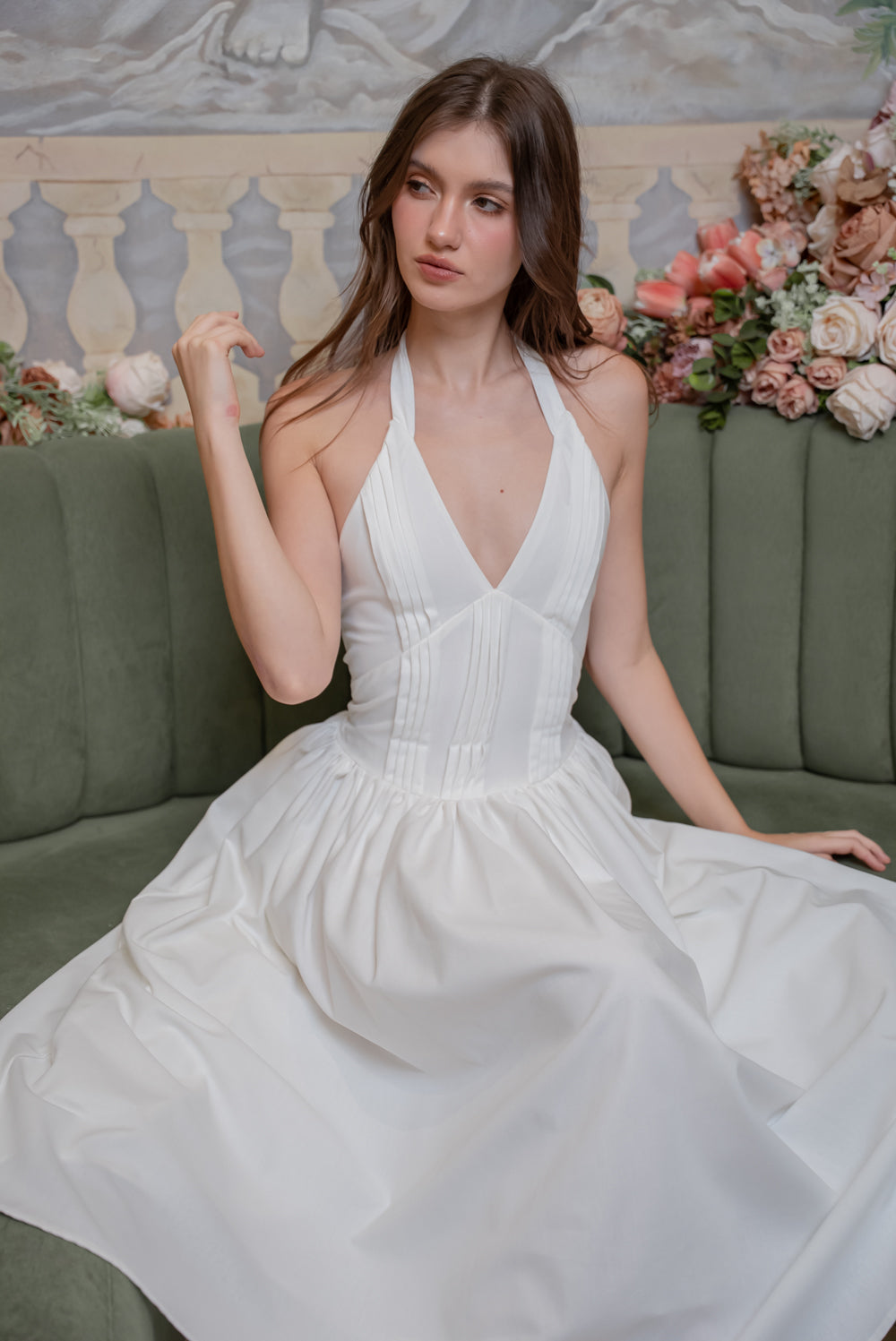 SAME DAY PICK UP - SOLENE Halter Pleated Midi Dress (White Linen)