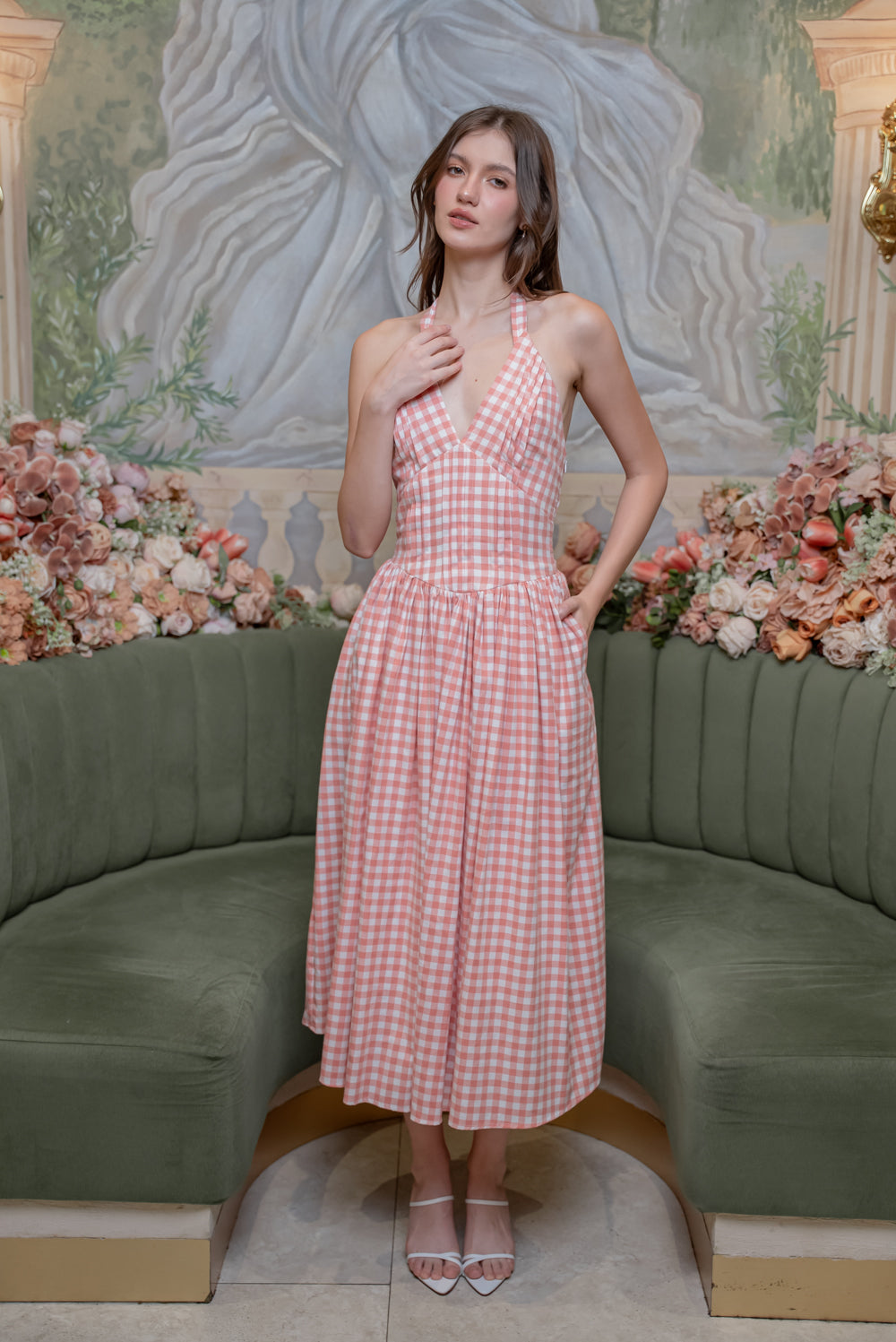 SAME DAY PICK UP - SOLENE Halter Pleated Midi Dress (Gingham Pink Cotton)