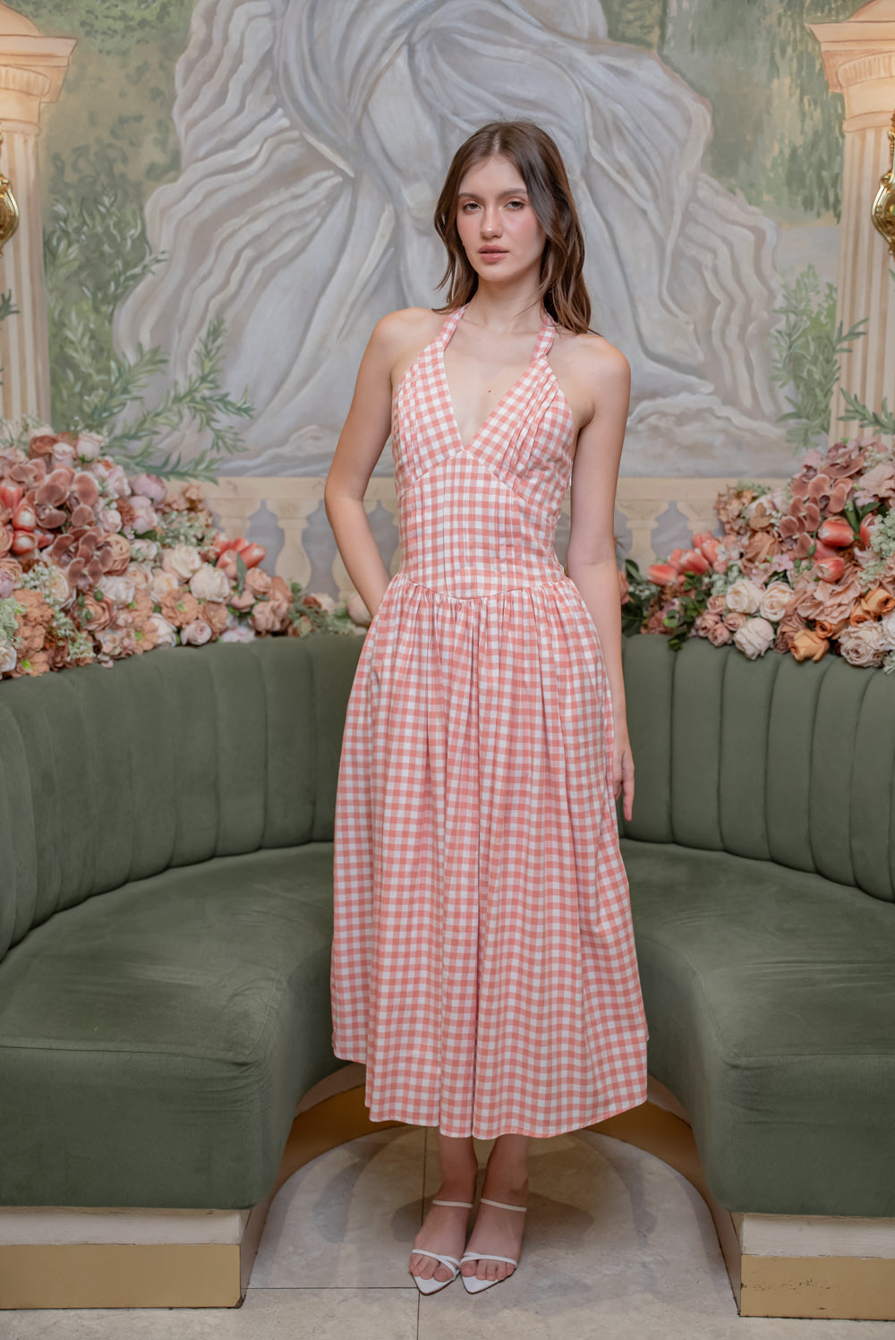 SAME DAY PICK UP - SOLENE Halter Pleated Midi Dress (Gingham Pink Cotton)