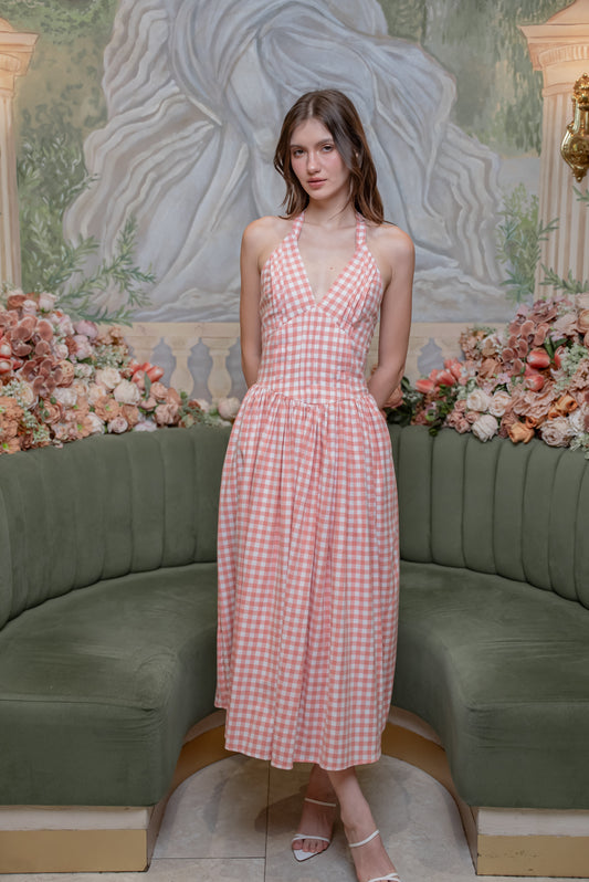 SOLENE Halter Pleated Midi Dress (Gingham Pink Cotton)