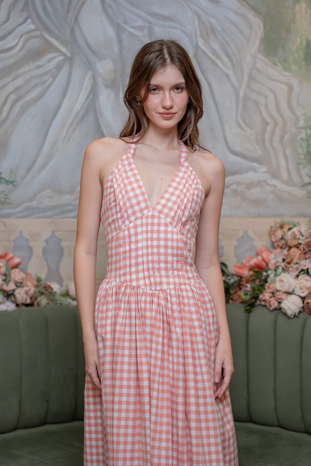 SAME DAY PICK UP - SOLENE Halter Pleated Midi Dress (Gingham Pink Cotton)