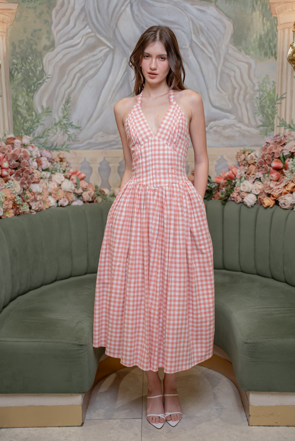 SAME DAY PICK UP - SOLENE Halter Pleated Midi Dress (Gingham Pink Cotton)