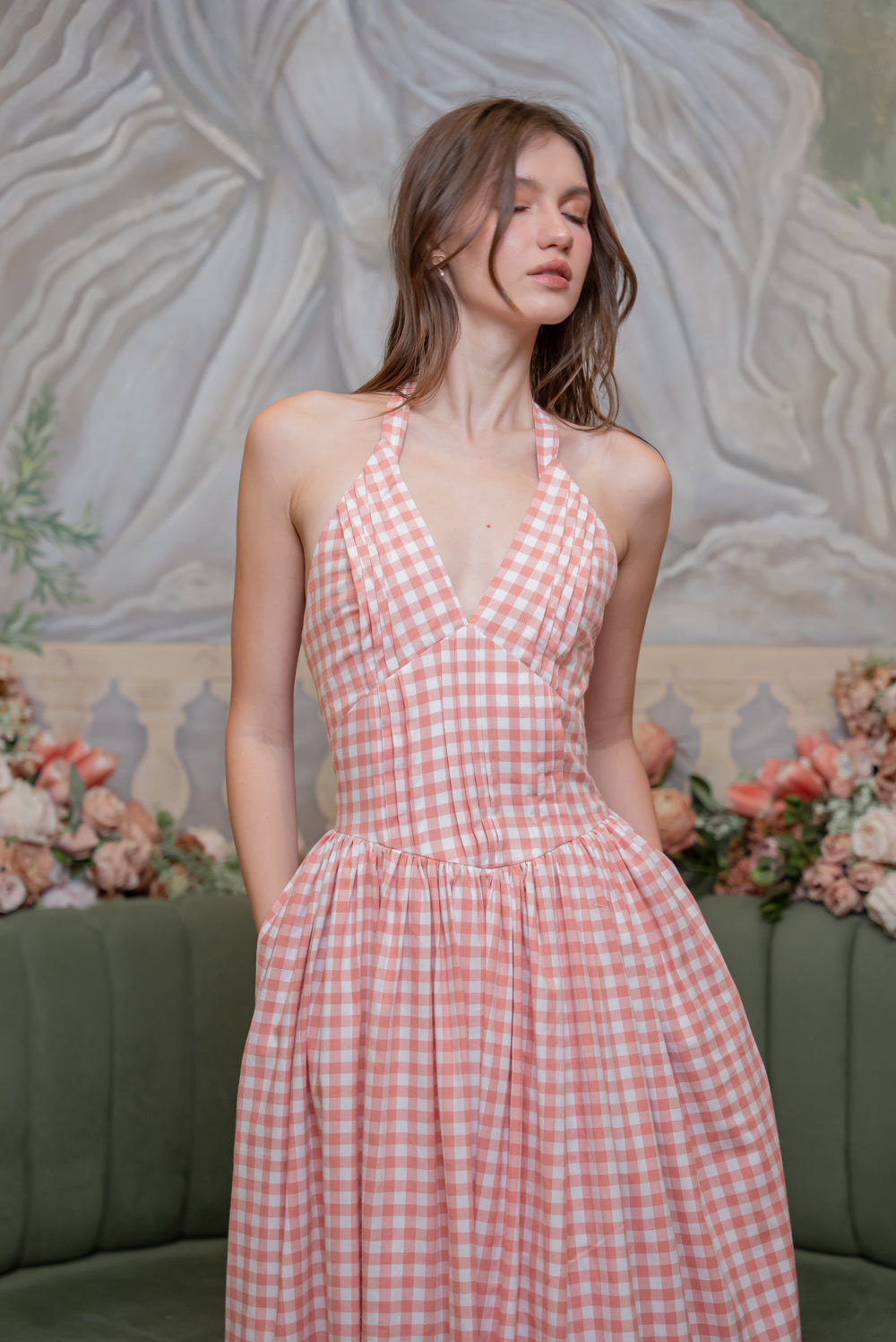 SAME DAY PICK UP - SOLENE Halter Pleated Midi Dress (Gingham Pink Cotton)