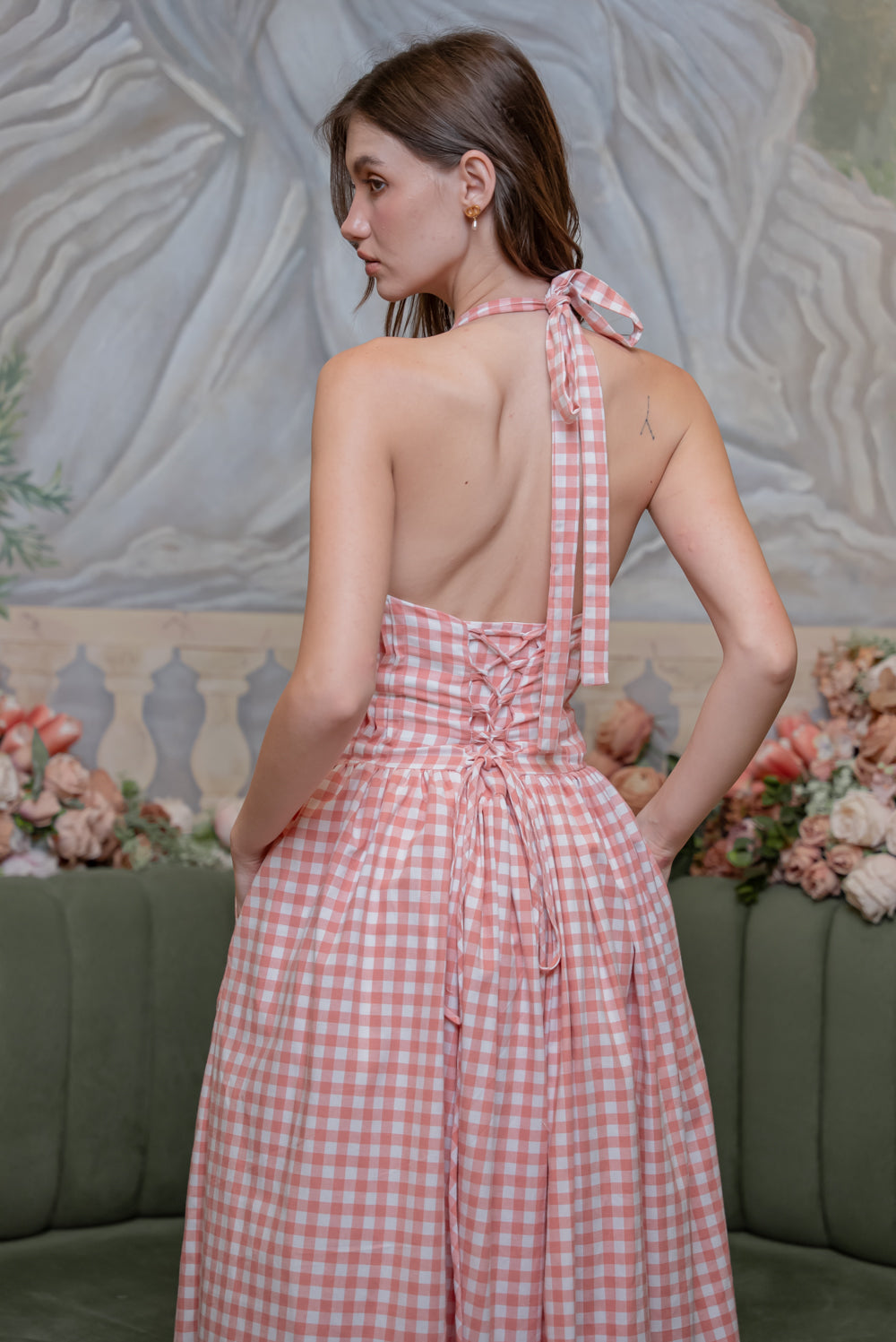 SAME DAY PICK UP - SOLENE Halter Pleated Midi Dress (Gingham Pink Cotton)