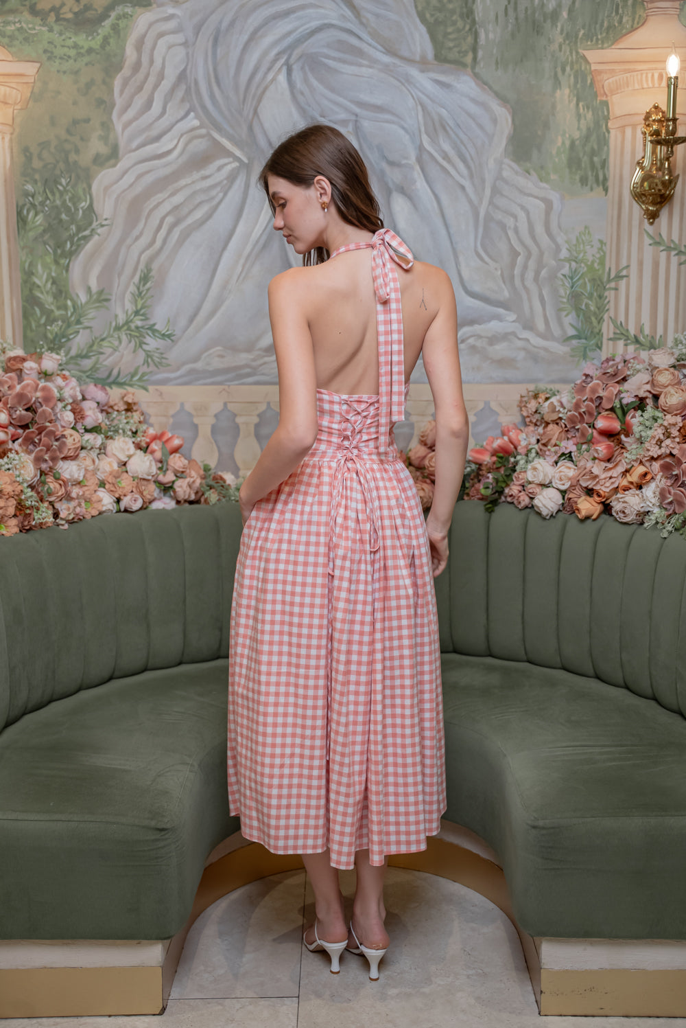 SAME DAY PICK UP - SOLENE Halter Pleated Midi Dress (Gingham Pink Cotton)