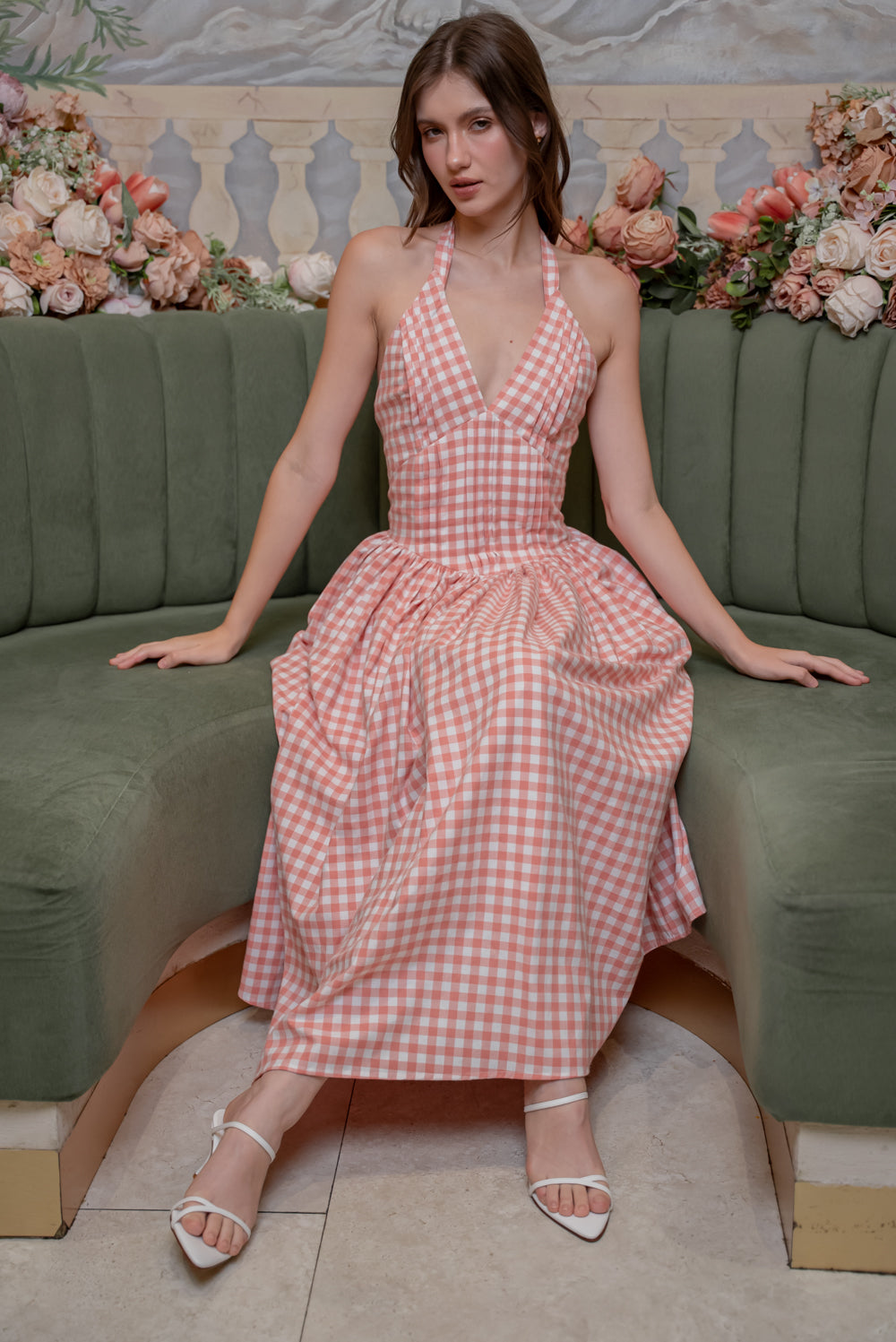SAME DAY PICK UP - SOLENE Halter Pleated Midi Dress (Gingham Pink Cotton)