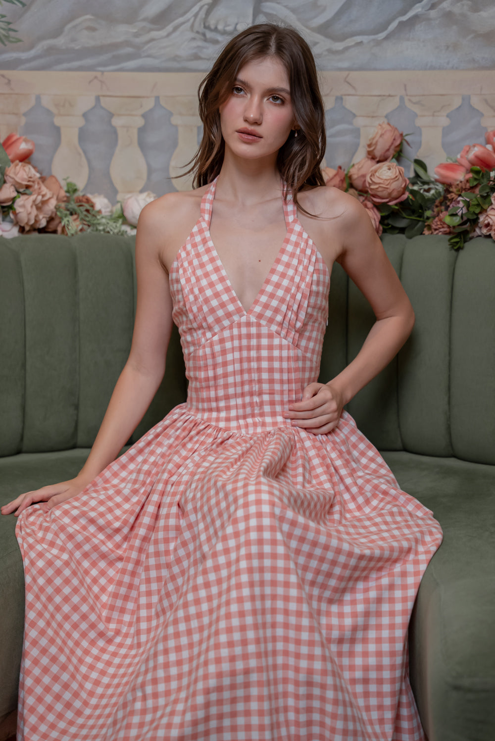 SAME DAY PICK UP - SOLENE Halter Pleated Midi Dress (Gingham Pink Cotton)