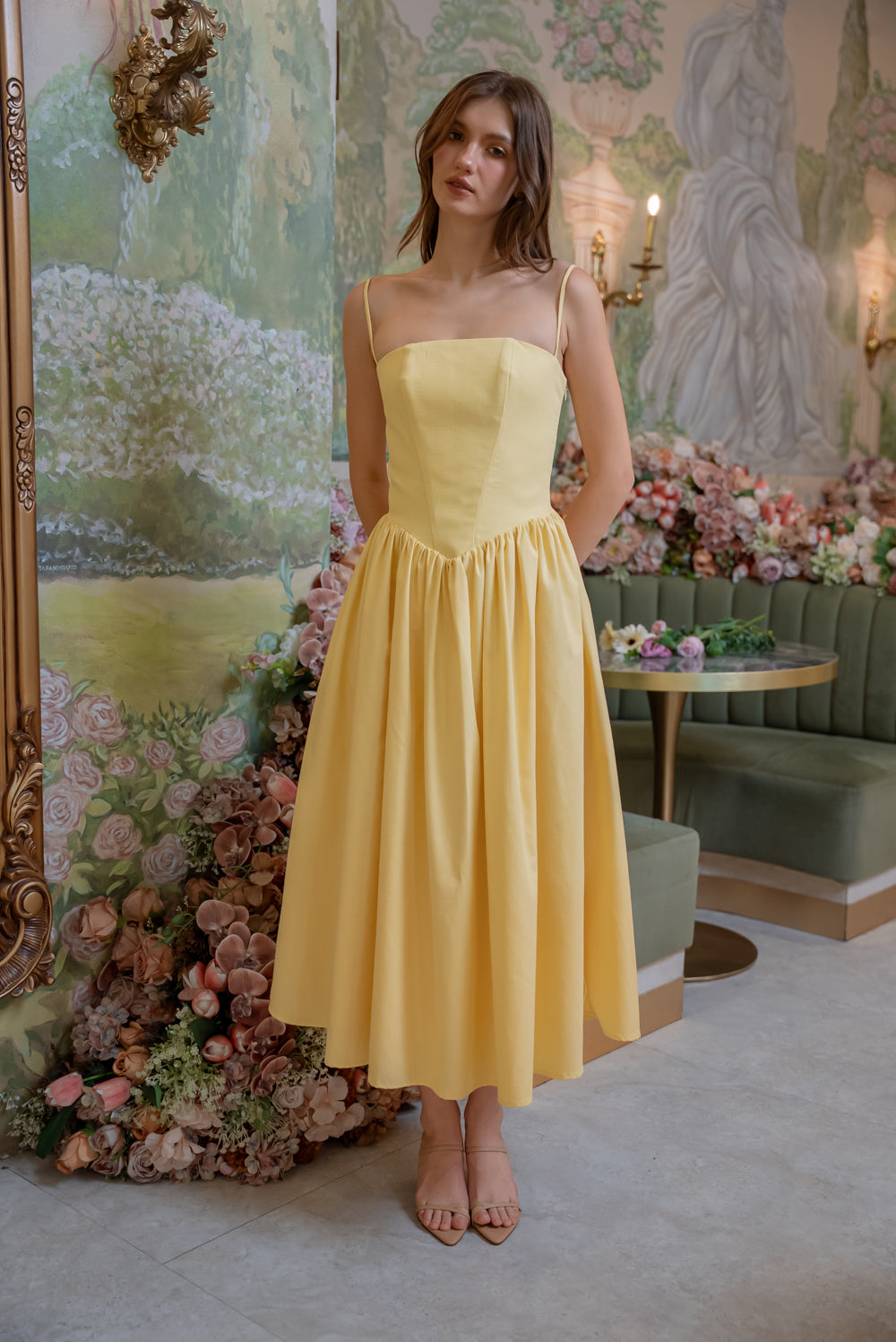 YVETTE Strappy Corset Style Midi Dress (Yellow Textured Cotton)