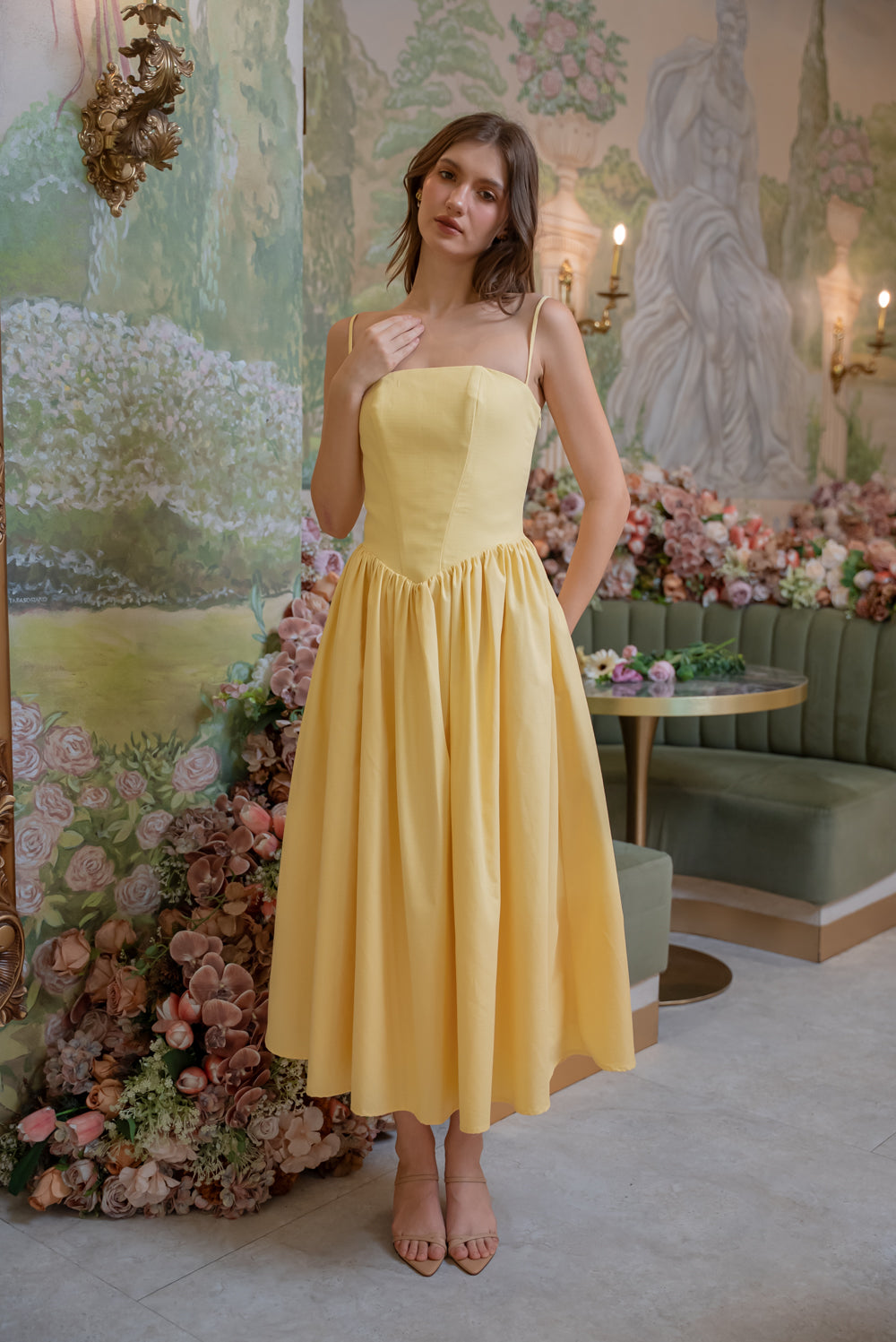 YVETTE Strappy Corset Style Midi Dress (Yellow Textured Cotton)