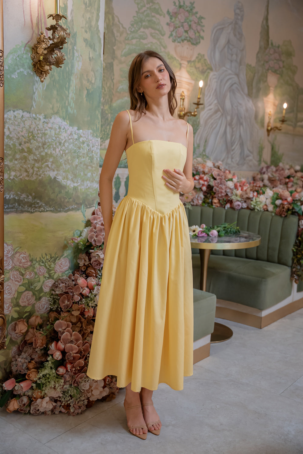YVETTE Strappy Corset Style Midi Dress (Yellow Textured Cotton)