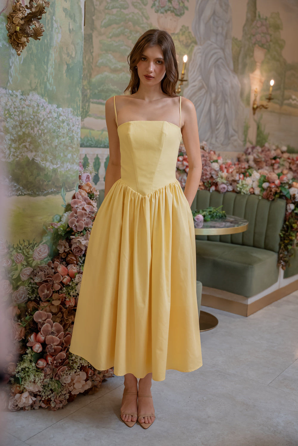 YVETTE Strappy Corset Style Midi Dress (Yellow Textured Cotton)