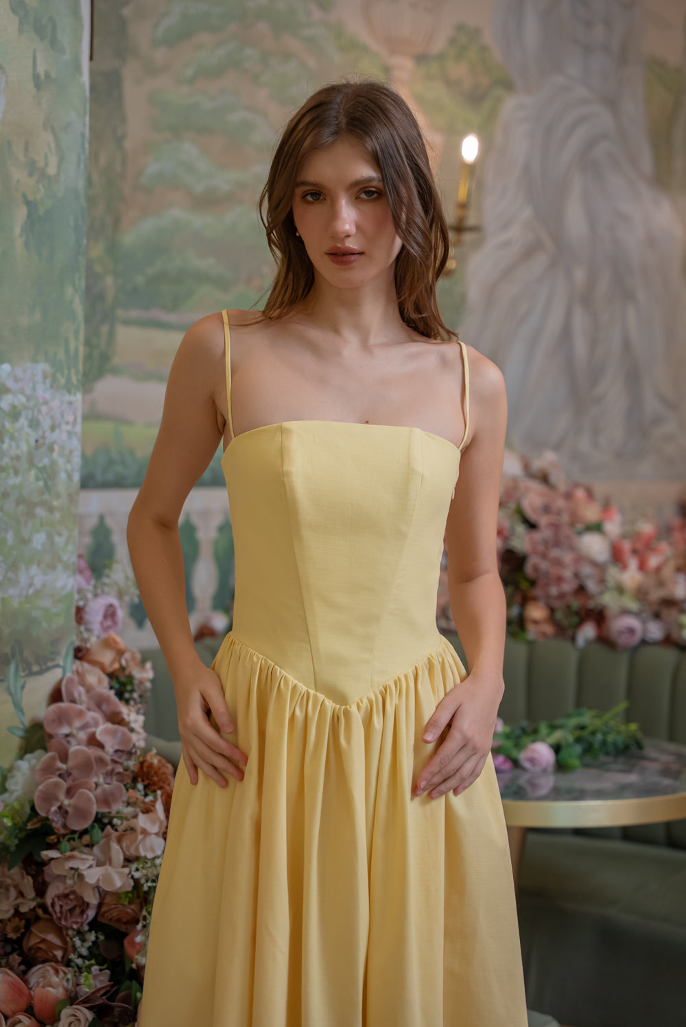 YVETTE Strappy Corset Style Midi Dress (Yellow Textured Cotton)