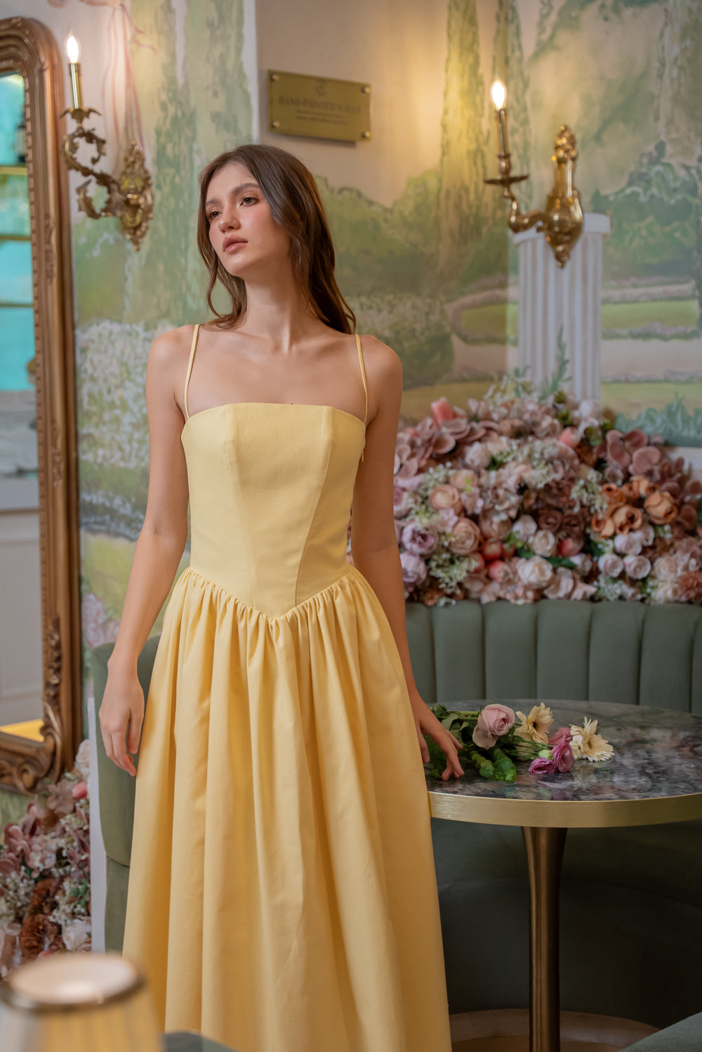 YVETTE Strappy Corset Style Midi Dress (Yellow Textured Cotton)
