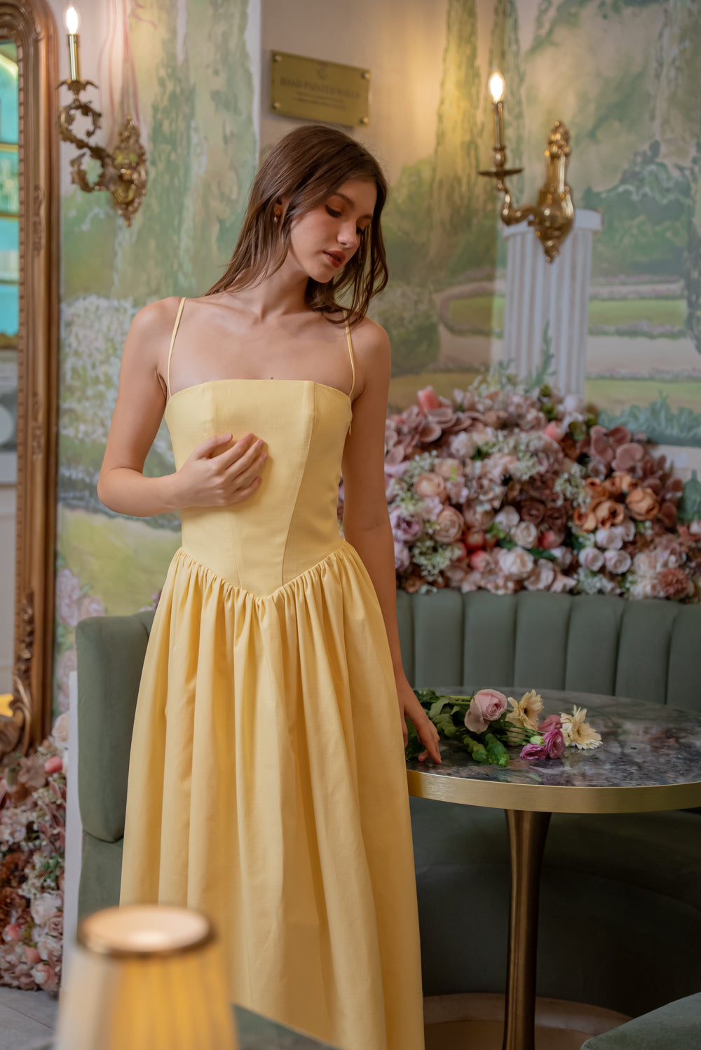 YVETTE Strappy Corset Style Midi Dress (Yellow Textured Cotton)