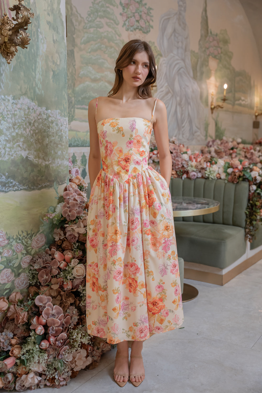 YVETTE Strappy Corset Style Midi Dress (Multicolor Floral Silk)