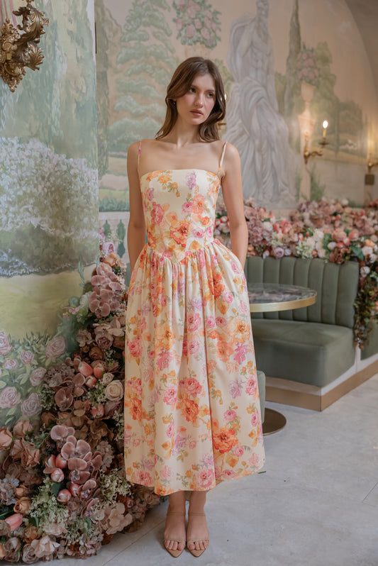 YVETTE Strappy Corset Style Midi Dress (Multicolor Floral Silk)