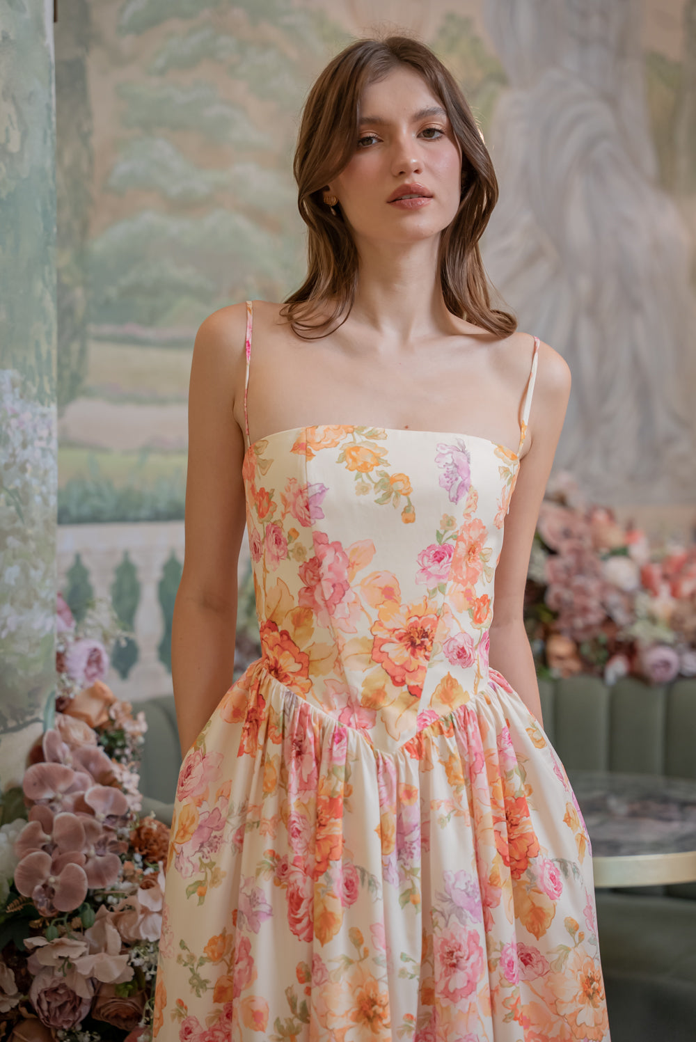 YVETTE Strappy Corset Style Midi Dress (Multicolor Floral Silk)