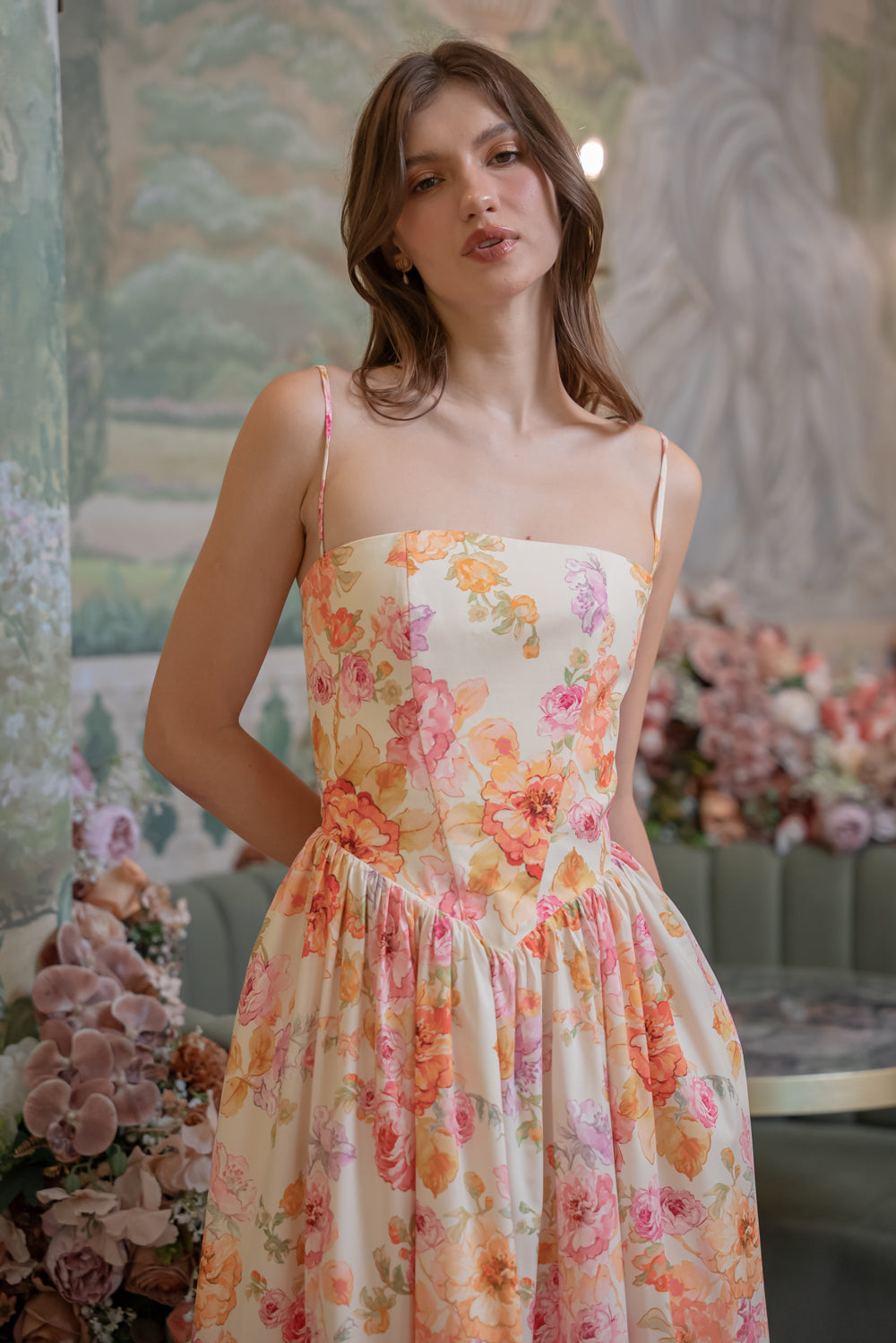 YVETTE Strappy Corset Style Midi Dress (Multicolor Floral Silk)