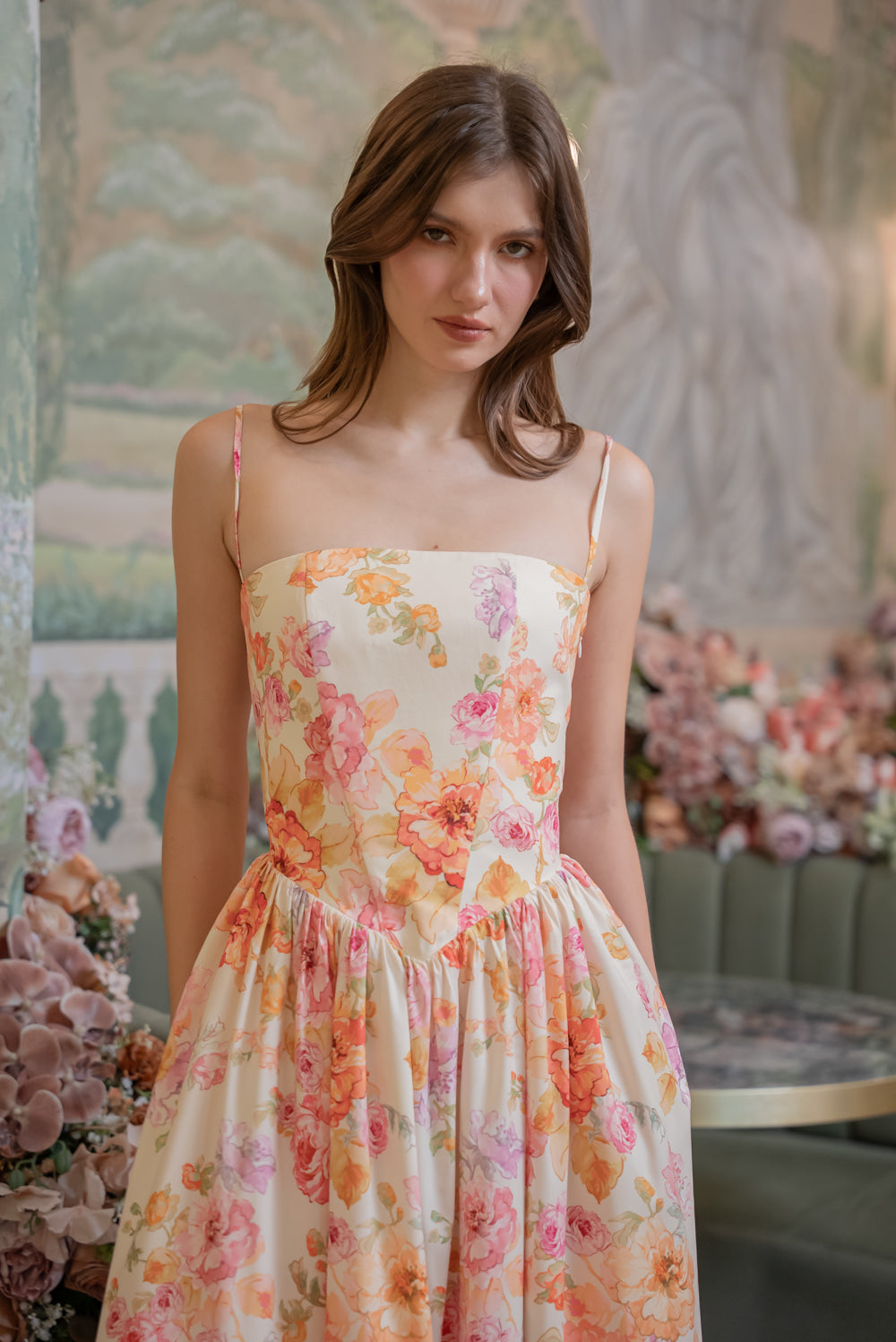 YVETTE Strappy Corset Style Midi Dress (Multicolor Floral Silk)