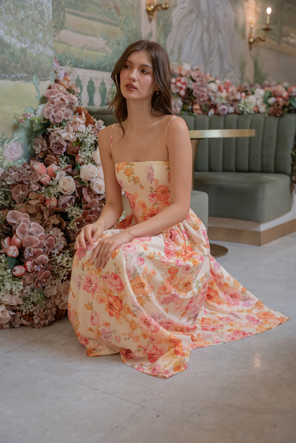 YVETTE Strappy Corset Style Midi Dress (Multicolor Floral Silk)