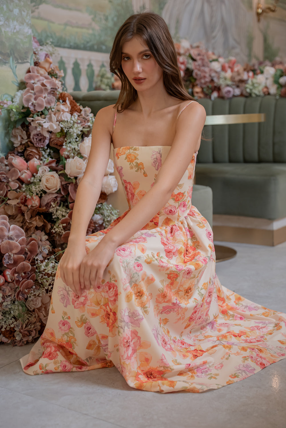 YVETTE Strappy Corset Style Midi Dress (Multicolor Floral Silk)