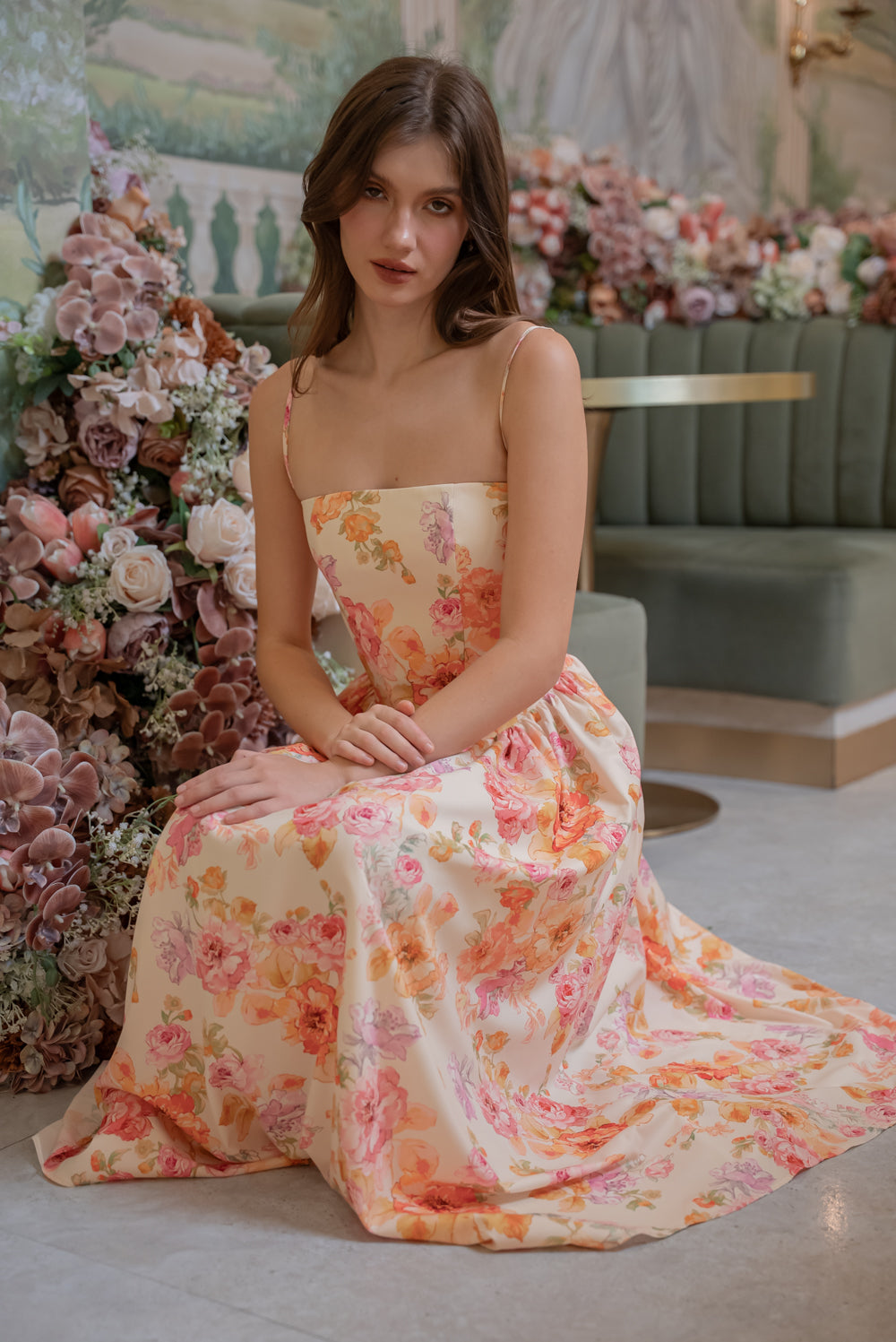 YVETTE Strappy Corset Style Midi Dress (Multicolor Floral Silk)