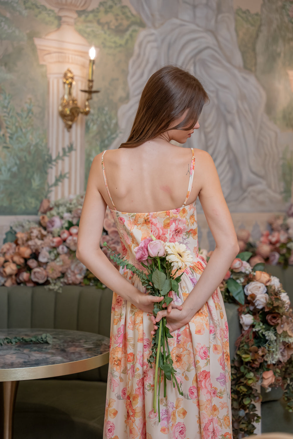 YVETTE Strappy Corset Style Midi Dress (Multicolor Floral Silk)