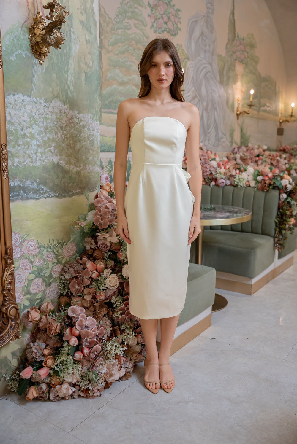SAME DAY PICK UP - LORENA Curved Neckline Midi Dress with Bow Back (White Duchess)
