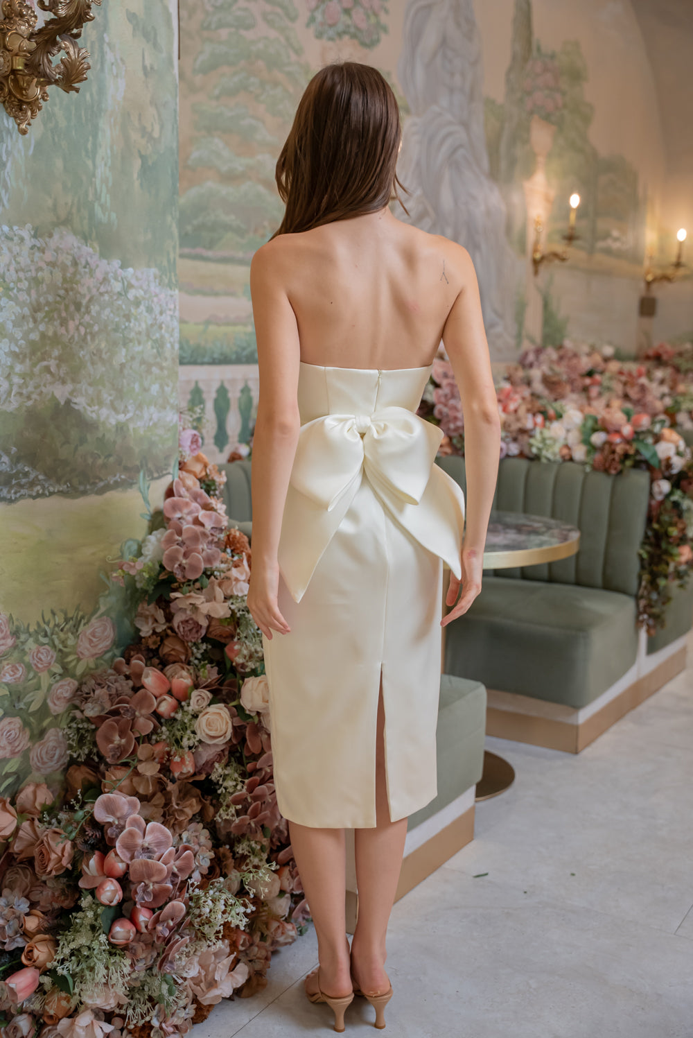 SAME DAY PICK UP - LORENA Curved Neckline Midi Dress with Bow Back (White Duchess)