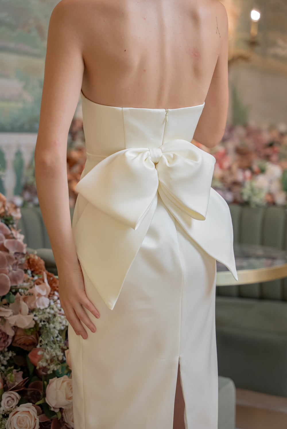 SAME DAY PICK UP - LORENA Curved Neckline Midi Dress with Bow Back (White Duchess)