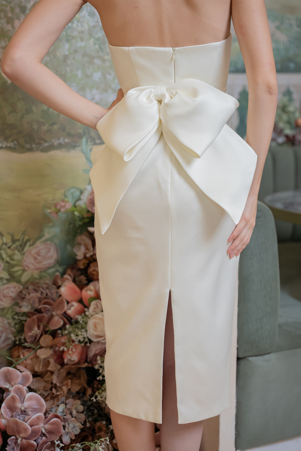 SAME DAY PICK UP - LORENA Curved Neckline Midi Dress with Bow Back (White Duchess)
